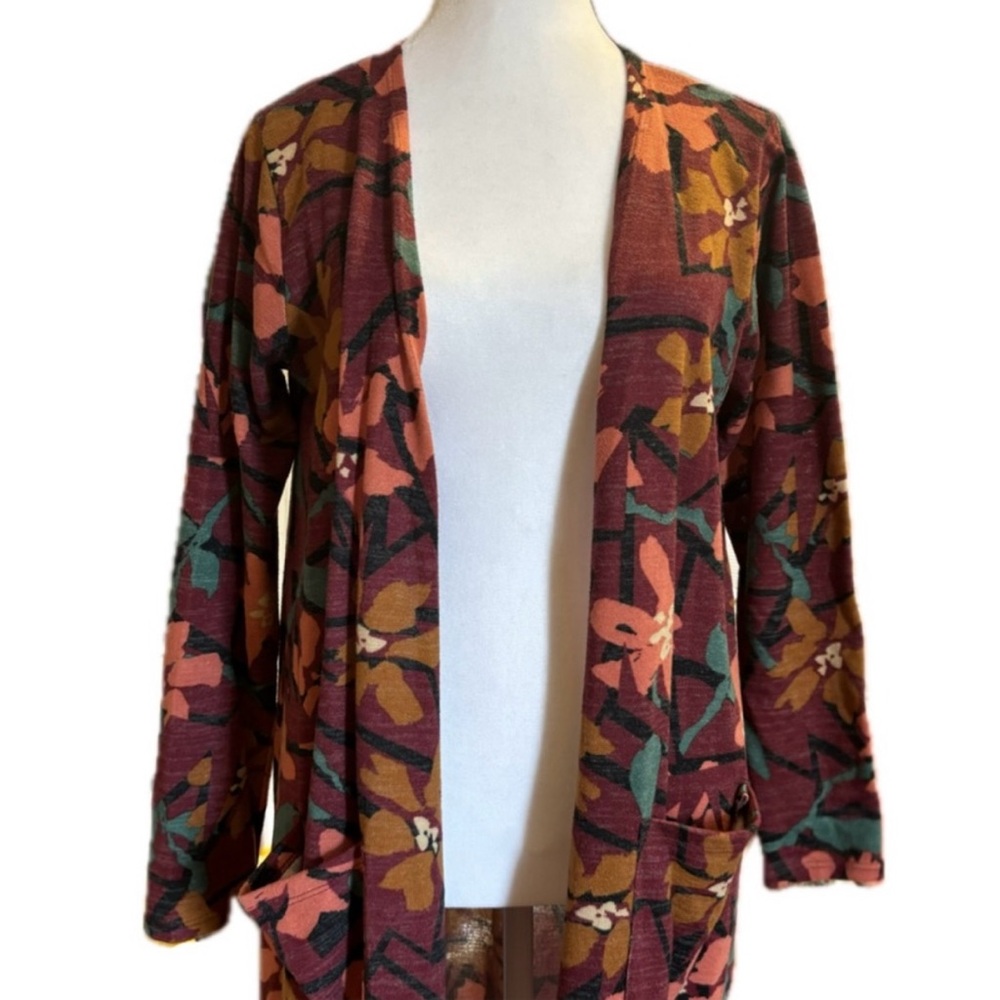 LuLaRoe Sarah Long Duster Cardigan — Rust Floral Print, Size M - Picture 3 of 7
